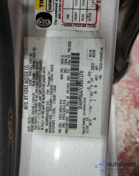 2012 Ford Fusion S z USA, uszkodzony, nr VIN 3FAHP0GA7CR201370